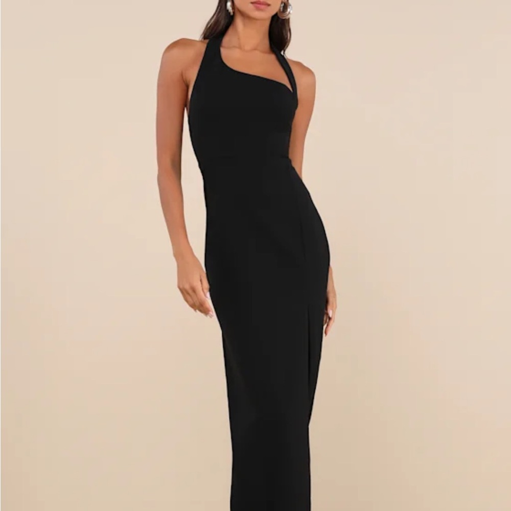 Lulus Unforgettable Composure Black Asymmetrical Halter Maxi Dress